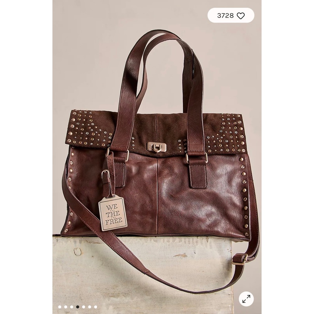 Free People Shay Stud Tote We The Free Bag Messenger Leather Suede Espresso NWT